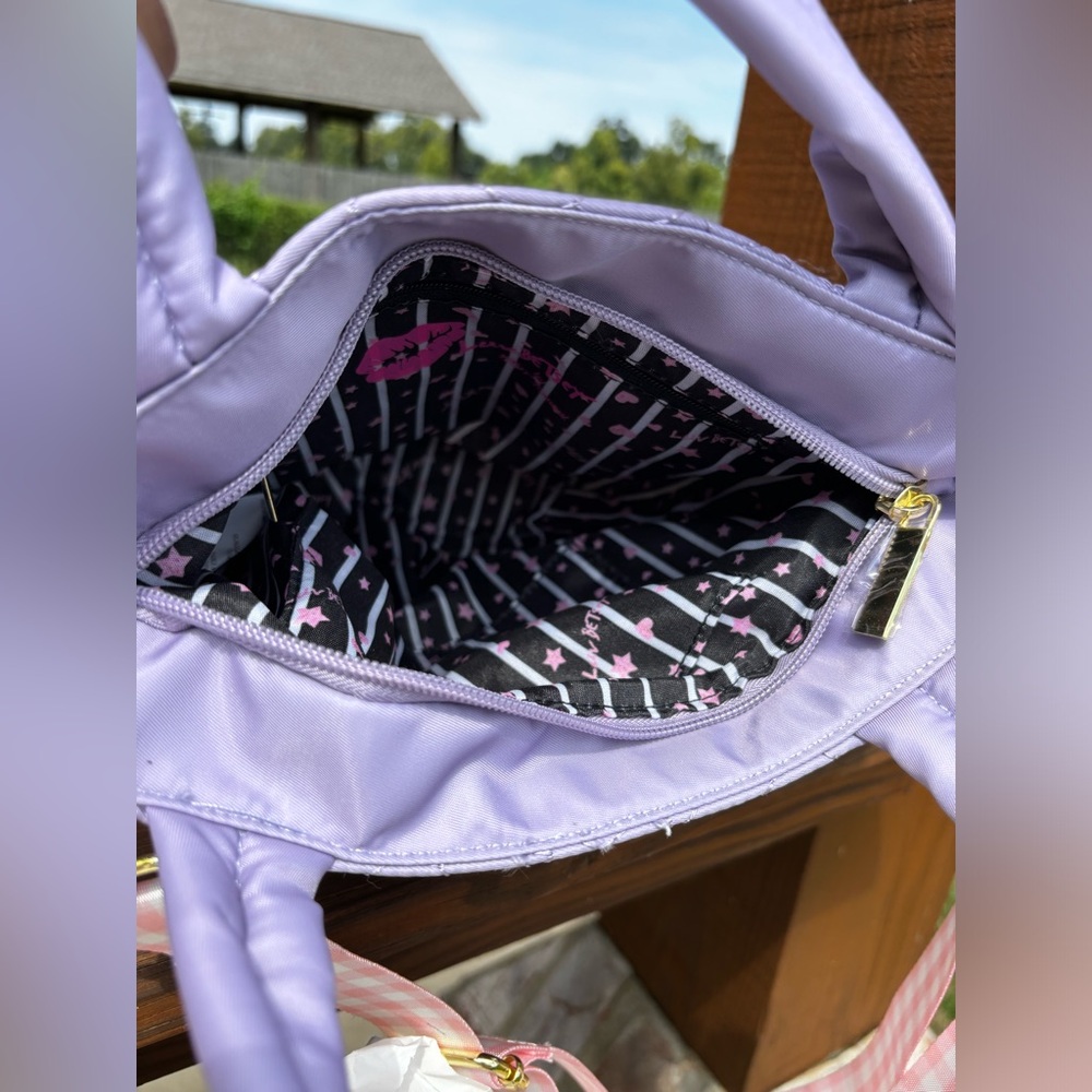 NWT! Betsy Johnson Lavender Quilted Nylon Plaid Handle Crossbody Satchel Bag NWT - Picture 8 of 15